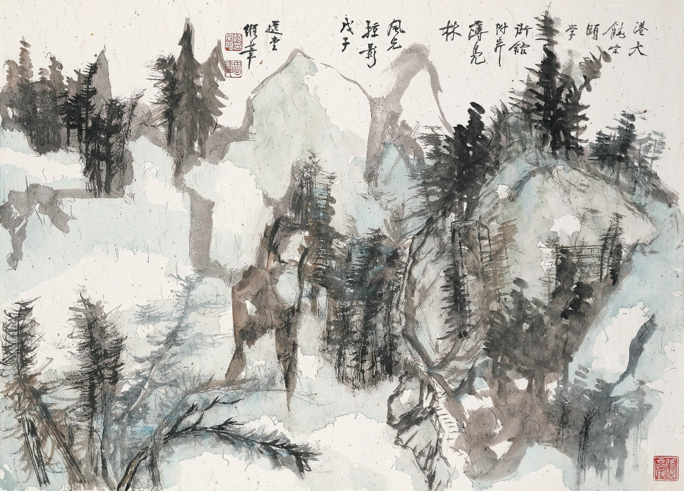 Jao Tsung-I Petite Ecole饒宗頤學術館圖
     colour on paper   80 x 110cm  Year 2008
     Author: Jao Tsung-I (1917- )
     Description:
     This work depicts the scenery of Jao Tsung-I  
     Petite Ecole, nestled in the mountains and trees of Pokfulam.  Professor Jao started with a quick sketch and then rearranged the composition, finally accomplished this work.  This painting is regarded as one of his representative works of Hong Kong landscape painting.