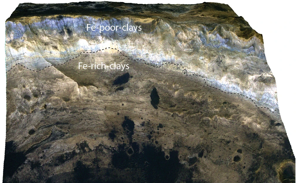A 3-dimensional view of weathered bedrock shows the exposure of Fe-rich red rocks beneath Fe-depleted blue-toned rocks in a crater wall.