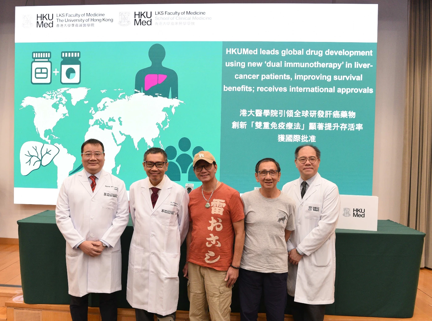 港大醫學院自2016年起率先使用「雙重免疫療法組合」醫治肝癌，顯著提升患者的存活率和腫瘤控制效果。（左起）張丹圖教授、邱宗祥醫生、病人李先生和吳先生、以及梁澄宇醫生。