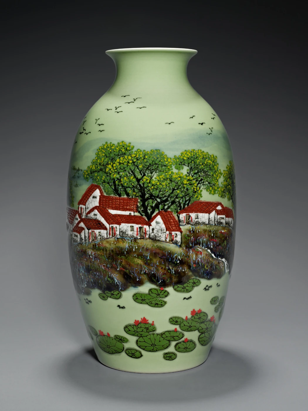NING QINZHENG
     Vase with summer landscape in matte coloured glaze
     2011
     H. 35cm  W. 18cm