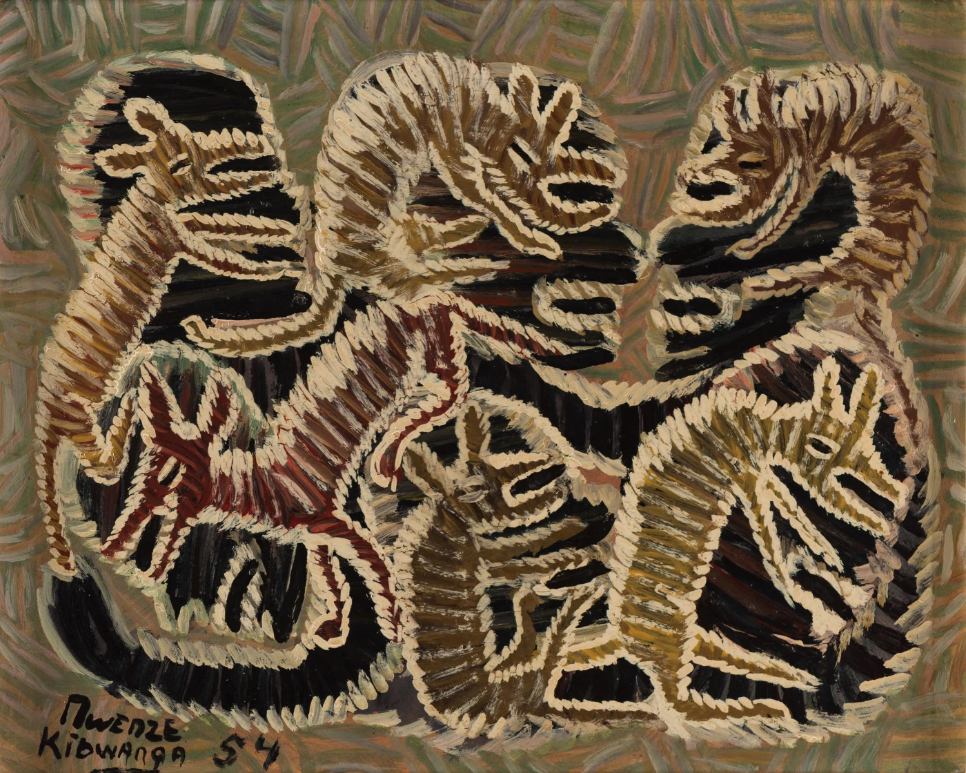 Mwenze Kibwanga
無題 (蛻變)
板本油彩
39 x 48 厘米
'MWENZE
KIBWANGA 54' 署名
1954 年
Pierre Loos 藏品
圖片來源：Michael De Plaen