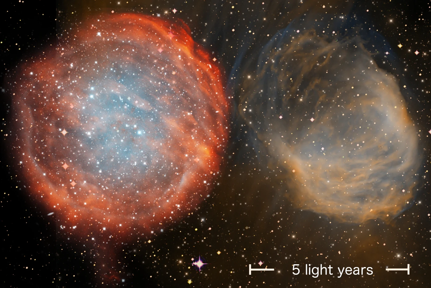 The physical sizes of two of the largest planetary nebulae, presented at a common scale based on the authors’ new distances. The scale bar represents 5 light years. Older distance scales underestimated the distances and hence sizes of these very old nebulae.  Credit: NOAO/AURA/NSF. Compiled by HKU Physics.
