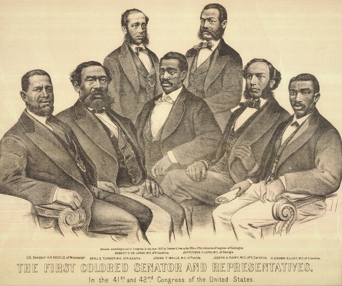 The First Colored Senator and Representatives in the 41st and 42nd US Congress of the United States
     1872
     Currier and Ives
     Lithograph