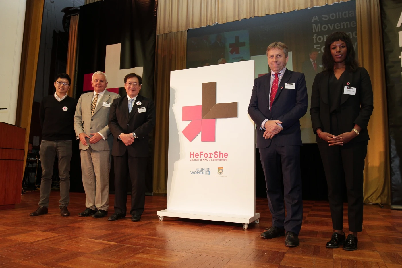 HKU is the first university globally to launch this campaign on campus. (From right) Head of HeForShe Ms Elizabeth Nyamayaro, HKU President and Vice-Chancellor Professor Peter Mathieson, Hong Kong Equal Opportunities Commission Chairman Dr York Chow and University Grants Committee Secretary-General Dr Richard Armour in the launch event.