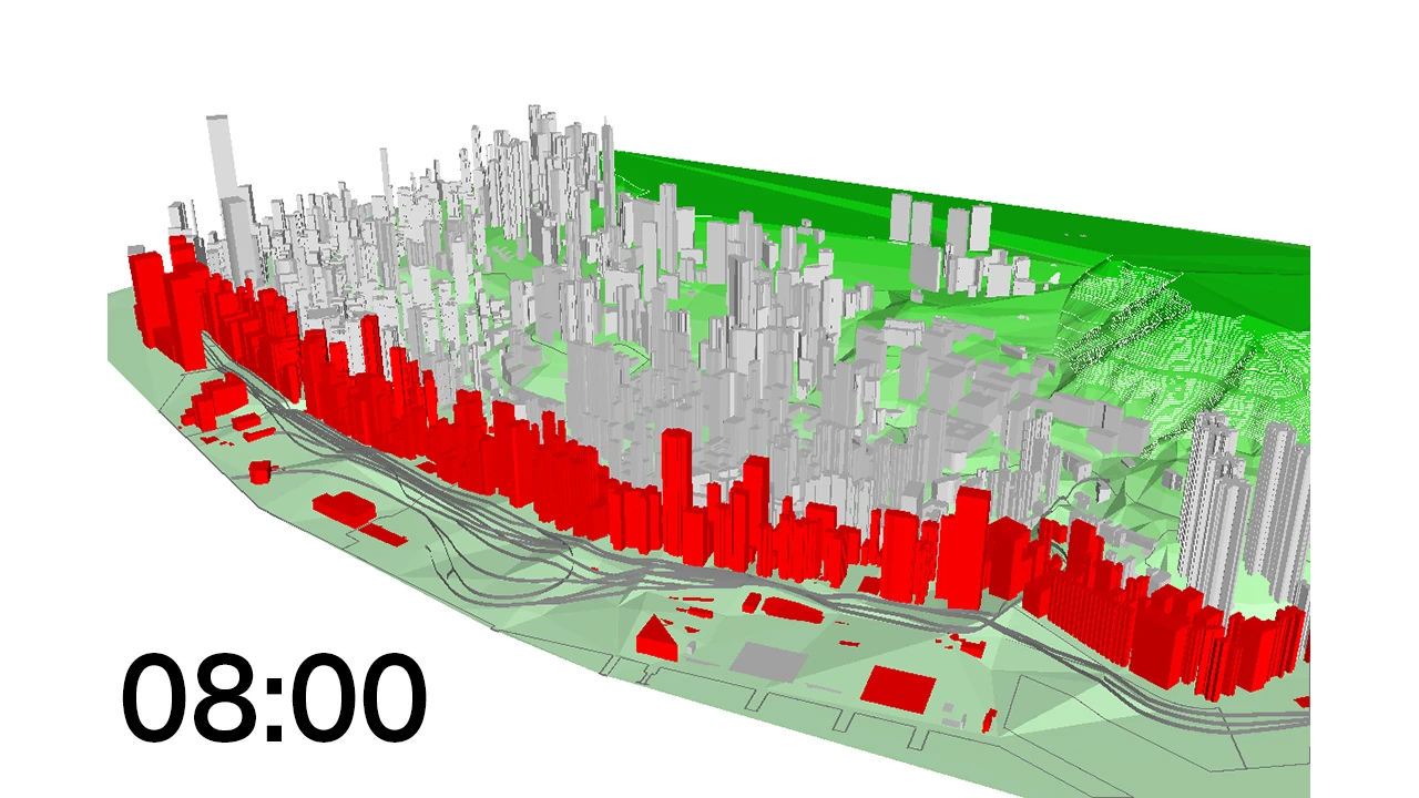 Figure 4  3-D animation of the affected buildings in Western District in different time of the day.