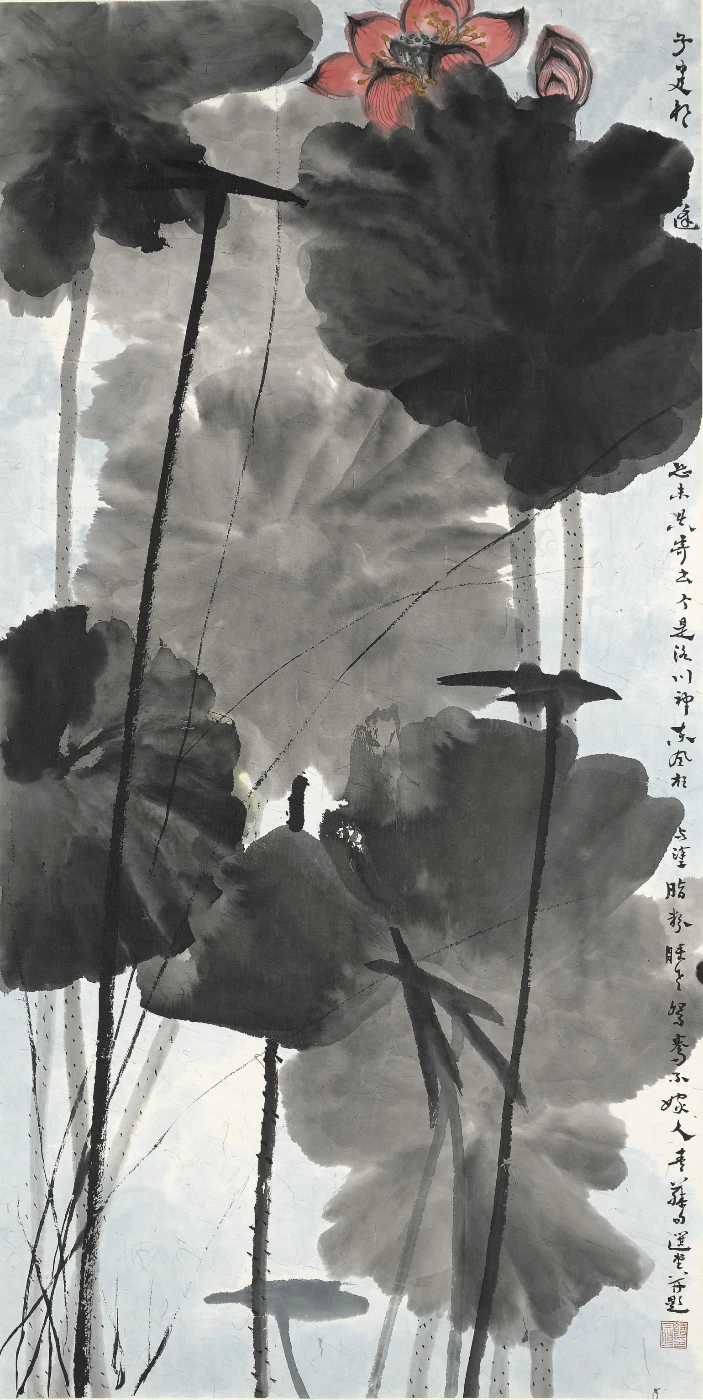 Red Lotus朱荷
     colour on paper    132.5x66.5cm  Year 2000
     Author: Jao Tsung-I (1917- )
     Description:
     The space of this painting is densely occupied by lotus leaves, and the flowers merely take up little room on the top.  By arranging the composition in this special way, the posture of the lotus appears like that of a bashful lady who is embarrassed to meet people.  The variety of ink tones of the lotus leaves accentuates the red lotus in colour.