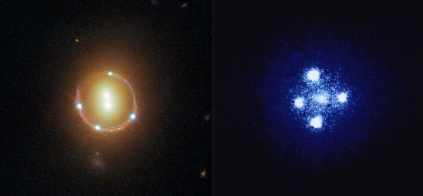 Figure 2: Examples of gravitational-lensed images observed with the Hubble Space Telescope. Left: 2M130-1714, in which the four bright and bluish points comprise the quadruply-lensed images of the bright nucleus of a background galaxy, such that the main body of the background galaxy is lensed and distorted into an Einstein ring. The Einstein ring encircles two yellowish galaxies comprising the foreground lensing galaxies. Image credit: NASA/ESA/Hubble/T.Treu/Judy Schmidt. Right: The Einstein Cross, comprising four bright points corresponding to the quadruply-lensed images of the bright nucleus of a background galaxy. The fifth point near the middle of the cross corresponds to the foreground lensing galaxy. 
(Image credit: NASA/ESA/STSci)
