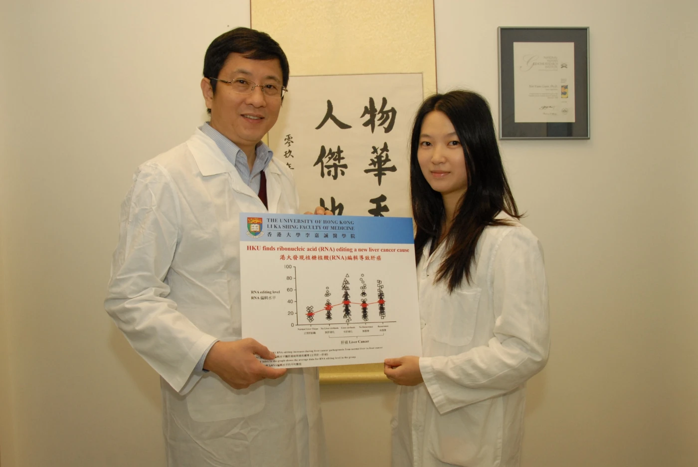 (left) Professor Guan Xin-yuan from the Cancer Genetic Laboratory of the Department of Clinical Oncology, The University of Hong Kong Li Ka Shing Faculty of Medicine, says clinicopathological data showed that RNA editing was directly associated with the presence of liver cirrhosis, tumour recurrence, and poorer survival.