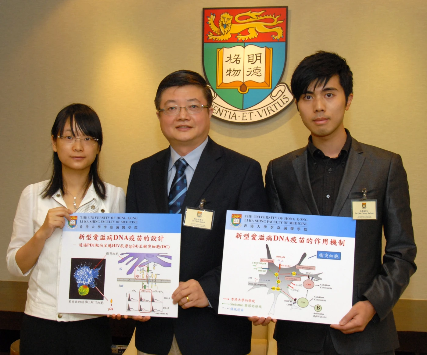 The study is led by Dr Chen Zhiwei, Director of the AIDS Institute of The University of Hong Kong Li Ka Shing Faculty of Medicine (Middle), and other key researchers including Dr Allen Cheung Ka-loon (Right), Post-doctoral Fellow and Ms Zhou Jingying (Left),a final-year PhD candidate.