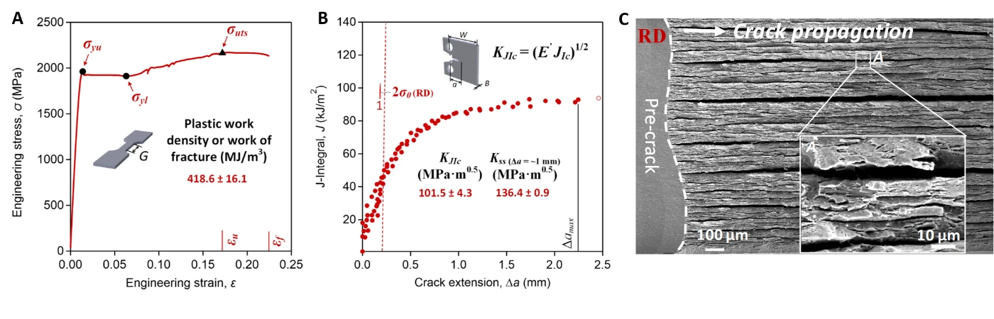 Figure 2. (A) Engineering stress-strain curve and (B) J-integral based crack resistance curve show that D&P steel has ultrahigh yield strength, superior toughness and good ductility. (C) The fracture surface of D&P steel, showing intensive delamination cracks.