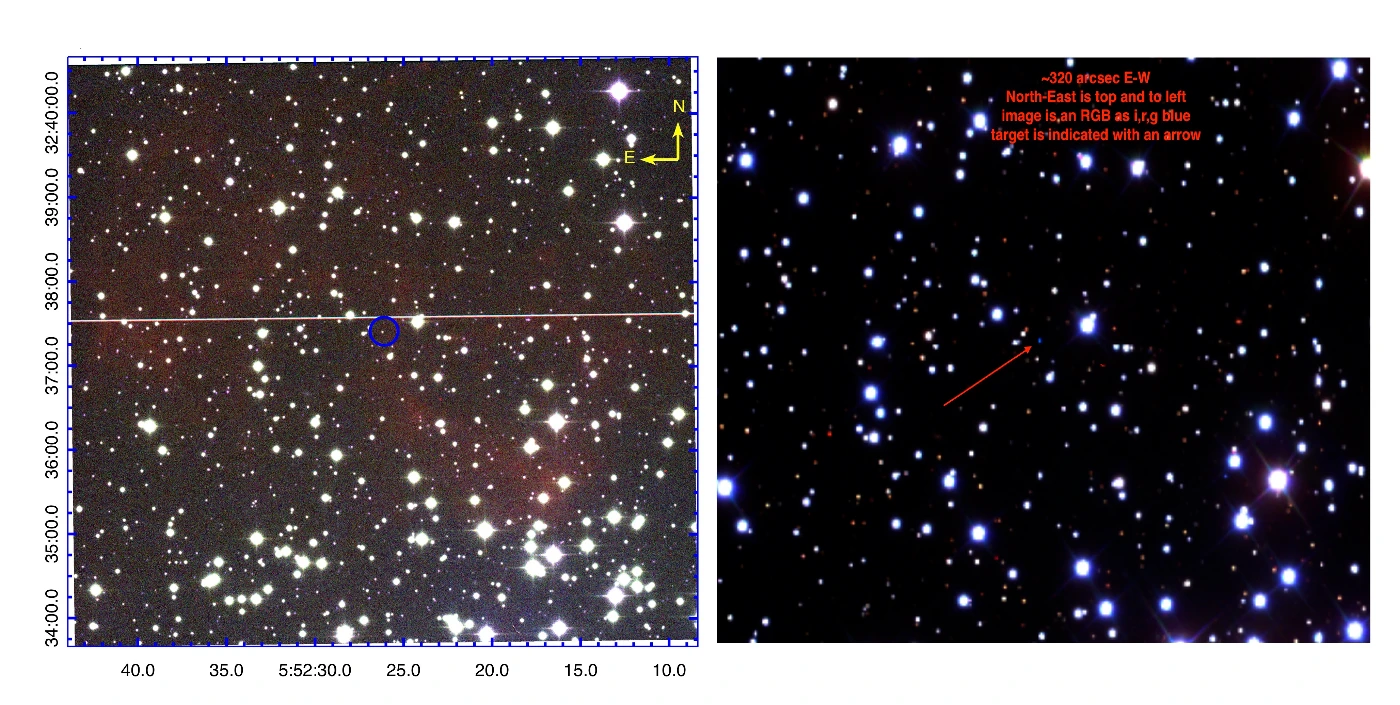 Figure 2. Fig. 2a left panel: An enhanced 6.5 x.5 arcminute colour-composite RGB image of PN IPHASX J055226.2+323724 from the IPHAS survey (Drew et al. 2005) that we confirm as a physical member of the Galactic open cluster M37. Red = Hα, Green = broad band red and Blue = broad band ‘i’. The CSPN is circled in blue; Fig. 2b right panel: 190 x145 arcsecond RGB image created from SDSS with red = i, green = r and blue = g-band. These data clearly shows the faint CSPN (arrowed) at the centre. North is top and East is to the left in both images.