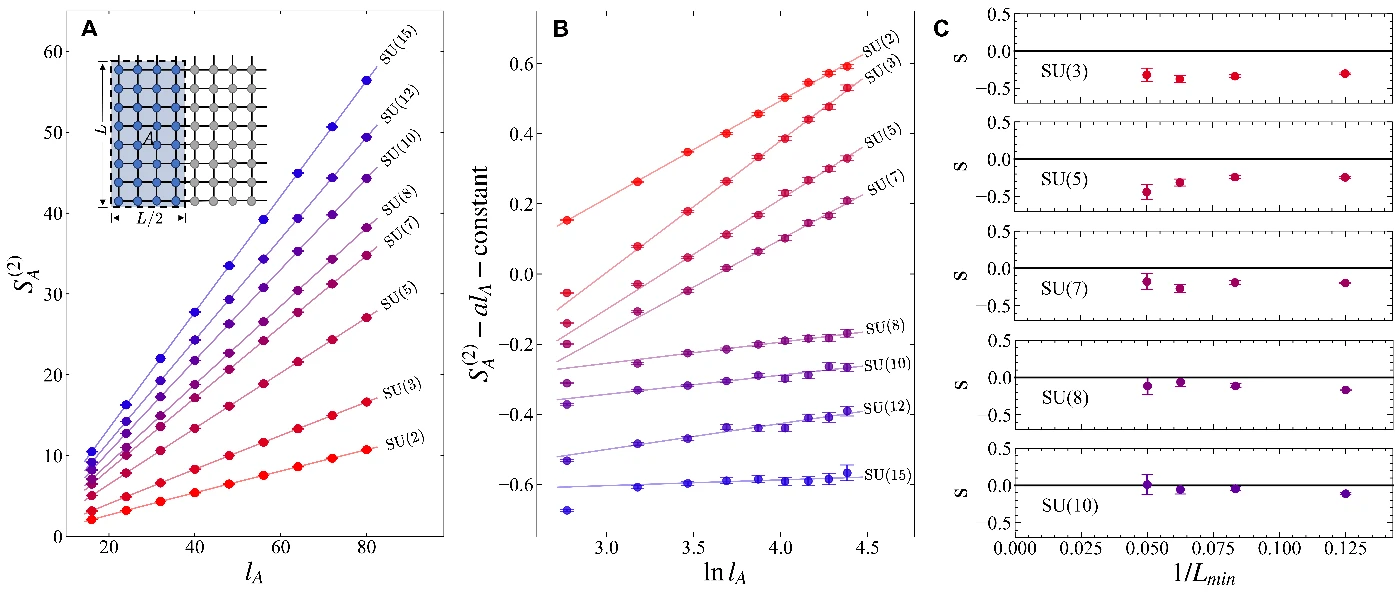 Figure 2. The scaling of entanglement entropy (EE) at SU(N) DQCPs. At NNc, the anomalous log-correction disappears and therefore the DQCPs are possibly continuous.