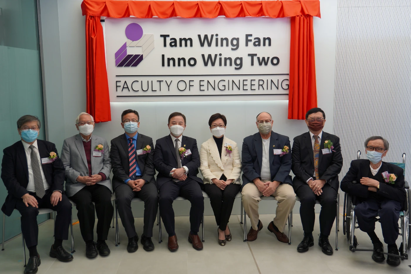 From left: Head of Innovation Academy Professor Norman C. Tien, Mr Edward Ho, Vice-President and Pro-Vice-Chancellor (Research) Professor Max Shen, President and Vice-Chancellor Professor Xiang Zhang, Mrs May Tam, Dean of Faculty of Engineering Professor David Srolovitz, Associate Dean of Faculty of Engineering (Research) Professor Yuguo Li, Honorary Professor T.H. Tse
