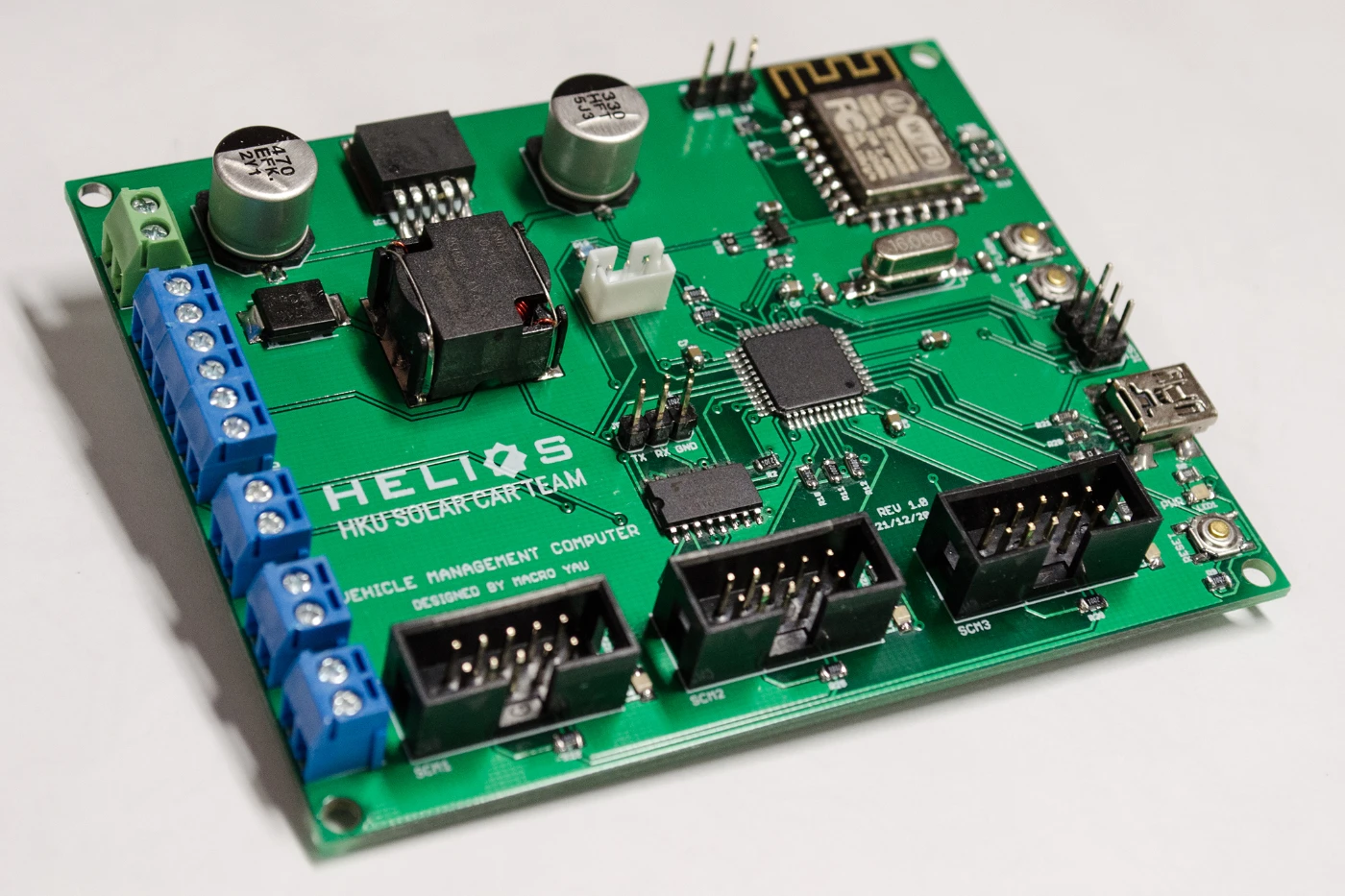 The Vehicle Management Computer, designed by HKU engineering students, serves as the "brain" of the Helios solar car. This computer ensures the safety of the solar car when charging its battery and driving, and also provides real-time data for the touch screen dashboard.