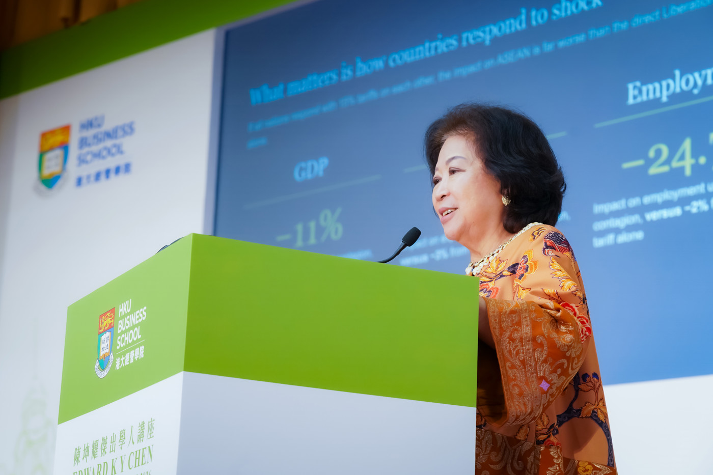 Professor Mari Elka PANGESTU, Special Envoy of the President of the Republic of Indonesia for International Trade and Multilateral Cooperation and Vice Chair of the National Economic Council, speaking during the Edward K Y Chen Distinguished Lecture 2026 at HKU Business School. 