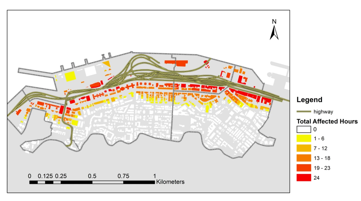 Figure 3  Spatial distribution of the total affected hours of the buildings in Western District.