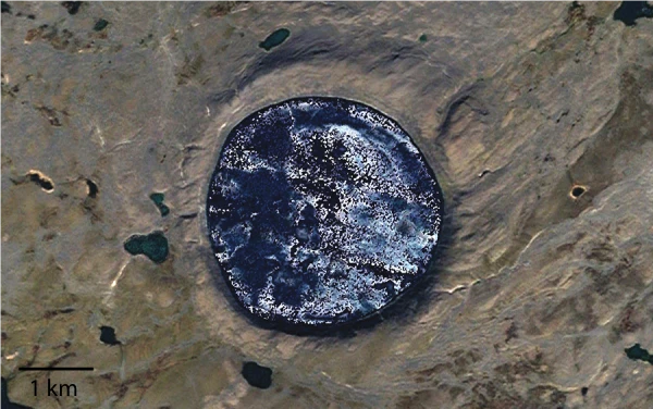 Figure 2: Pingualuit crater lake in Canada is a modern-day example of a cold impact crater-hosted lake on Earth analogous to ancient crater lakes on Mars. (Credit: Google Earth)