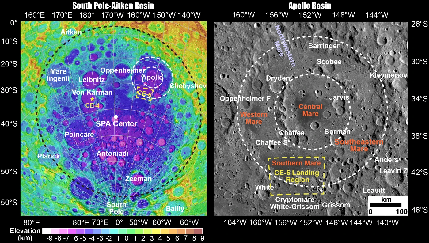 Chang’e-6 landing site is located to the Apollo basin in the northeast of the South Pole-Aitken basin. (Image credit: Dr Yuqi Qian)
